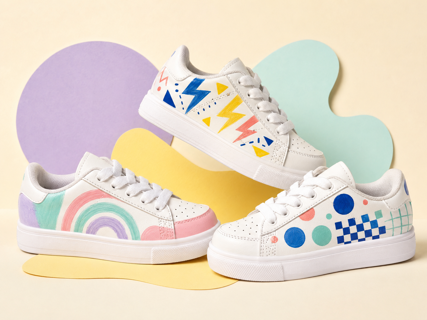 Three colorful pairs of hand-painted children's sneakers